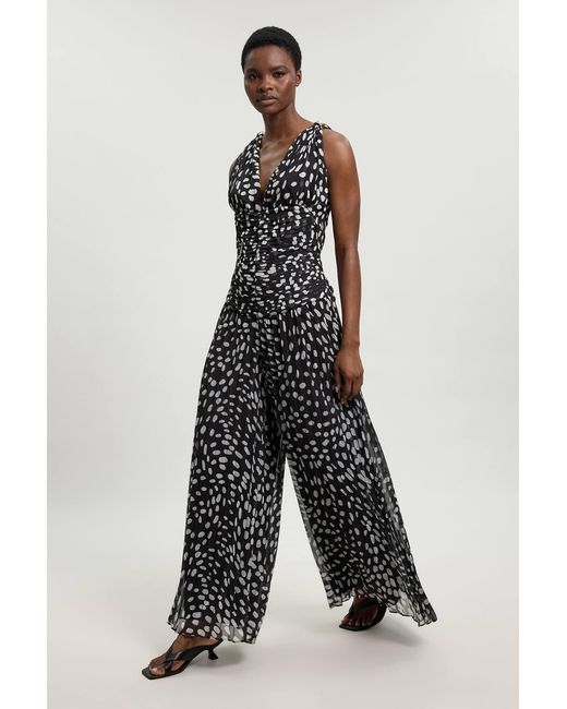 Karen Millen Multicolor Polka Dot Crinkle Cross Back Georgette Woven Jumpsuit