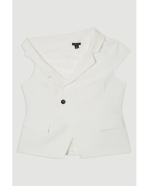 Karen Millen White Clean Tailored Asymmetric Collar Belted Tailored Top