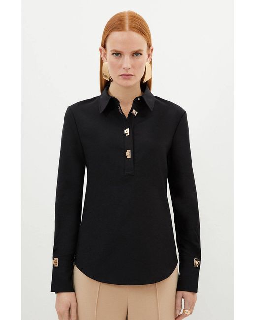 Karen Millen Black Techno Cotton Woven Shirt With Clasp