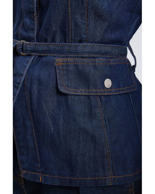 Karen Millen Blue Utility Denim Pleated Sleeveless Top