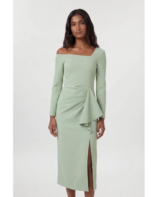 Karen Millen Green Compact Stretch Asymmetric Neckline Draped Midi Dress