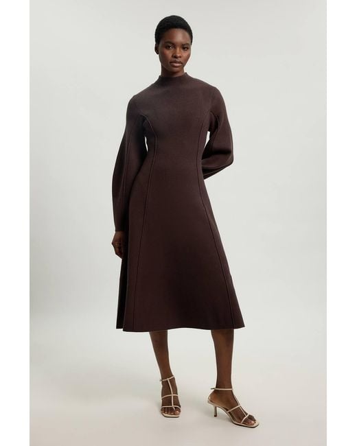 Karen Millen Brown Wool Look Rounded Sleeve High Neck Knit Midi Dress