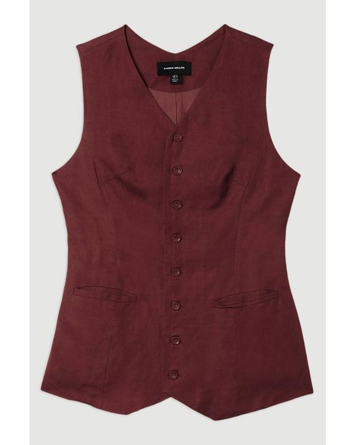 Karen Millen Red Viscose Linen Woven Longline Waistcoat