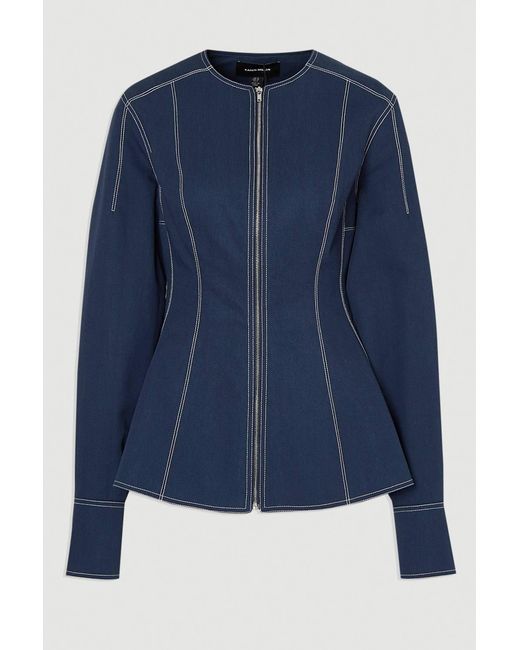 Karen Millen Blue Tencel Cotton Contrast Stitch Zip Front Woven Jacket
