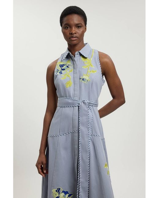 Karen Millen Blue Floral Applique Belted Midi Dress