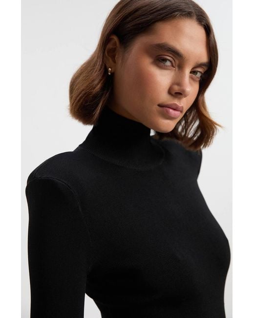 Karen Millen Black Slinky Drape Knit Power Shoulder Funnel Neck Top