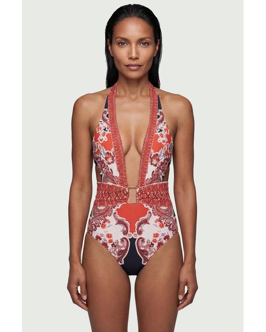 Karen Millen Scarf Mirrored Print Plunge Swimsuit