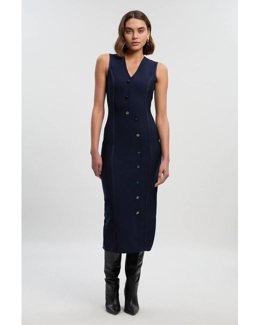 Karen Millen Blue Figure Form Bandage Button Through Pencil Midi Dress