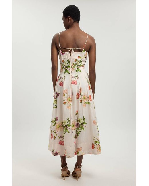 Karen Millen Natural Silk Cotton Floral Strappy Midi Dress