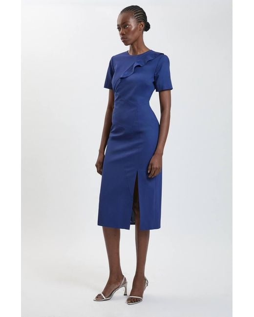 Karen Millen Blue Tailored Fold Detail Midi Pencil Dress