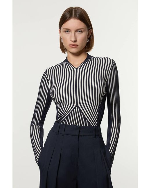 Karen Millen Blue Petite Stripe Fitted Long Sleeve Knitted Top