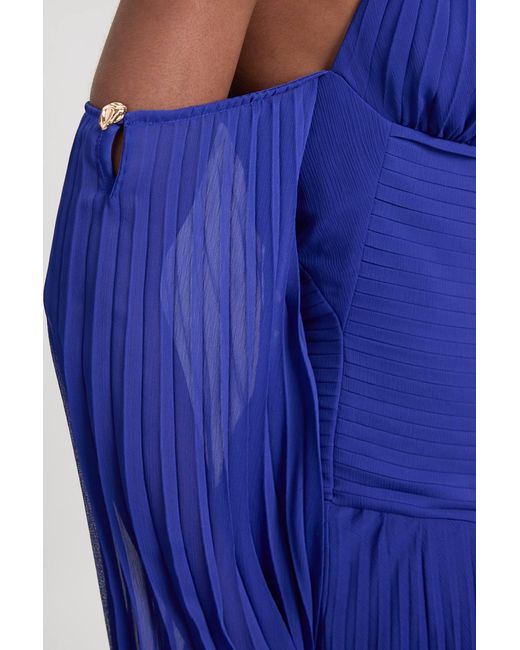 Karen Millen Blue Crinkle Cold Shoulder Georgette Woven Maxi Dress