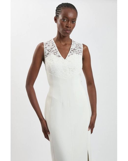 Karen Millen White Compact Stretch Lace Detail Midi Dress