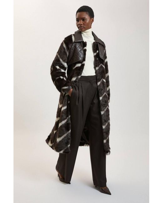 Karen Millen Black Panelled Stripe Faux Fur Pu Stitch Detail Belted Midi Coat
