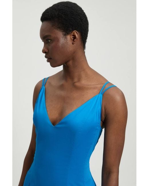Karen Millen Blue Cotton Sateen V Neck Maxi Dress