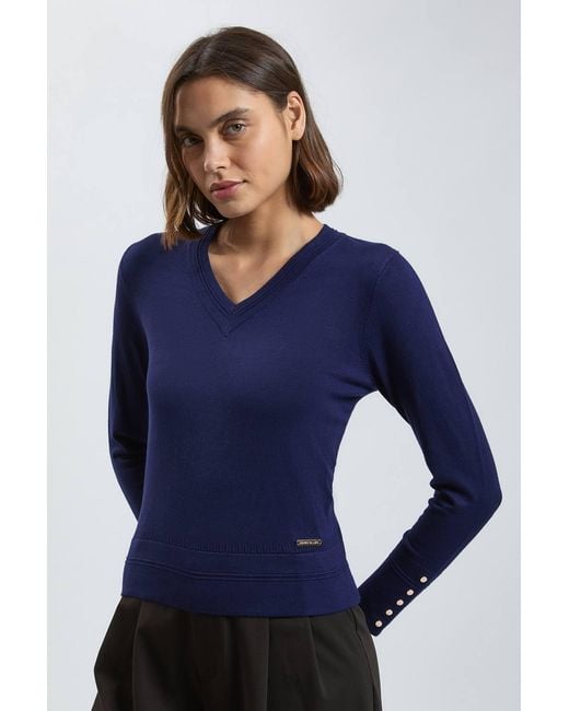 Karen Millen Blue Forever Viscose Blend Knitted Stitch Detail V Neck Long Sleeve Jumper