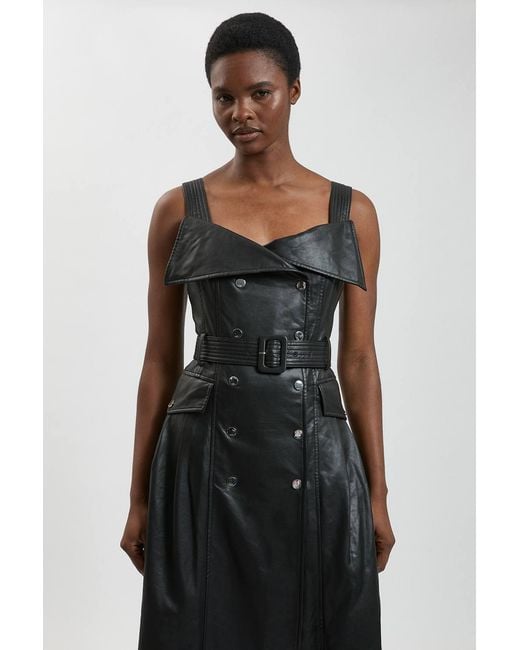 Karen Millen Black Faux Leather Trench Midi Dress