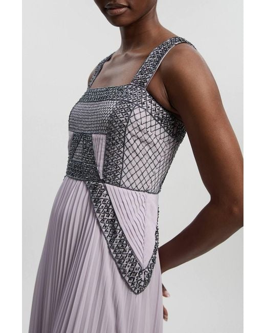 Karen Millen Purple Embellished Pleated Woven Maxi Dress