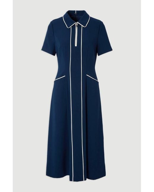 Karen Millen Blue Tailored Crepe Tipped Tailored Midi Shirt Dress