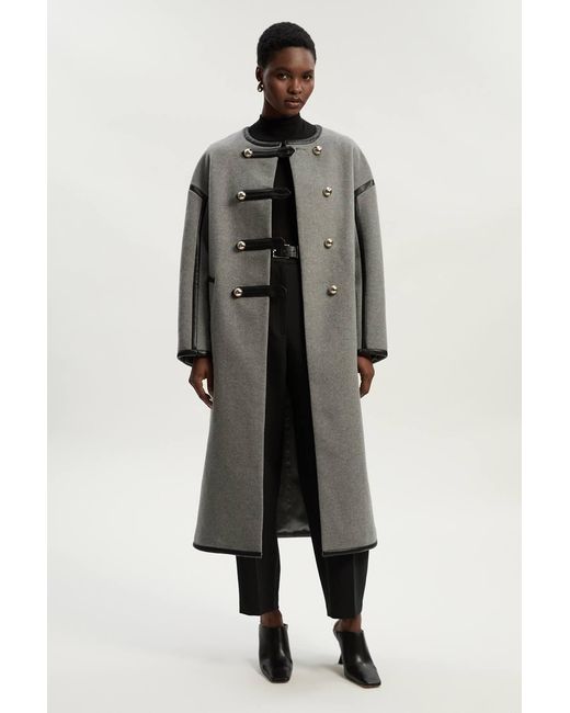 Karen Millen Gray Brushed Wool Pu Mix Tailored Collarless Midi Coat
