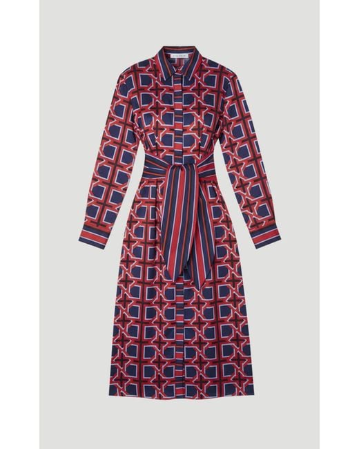 Karen Millen Geo Print Hammered Satin Tie Waist Woven Midi Dress