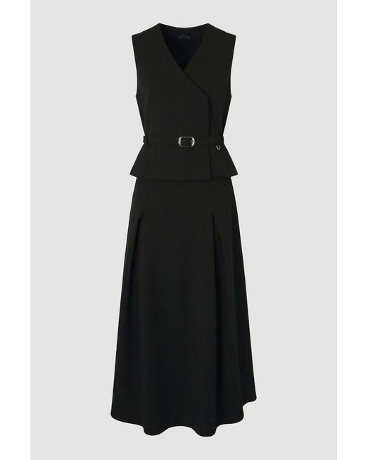 Karen Millen Black Compact Essential Belted Tailored Full Midi Dress