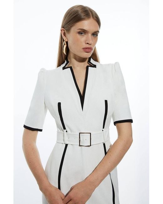 Karen Millen White Compact Stretch Contrast Tipped Forever Belted Tailored Midi Dress