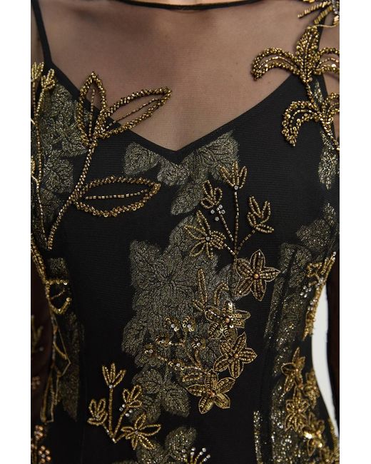 Karen Millen Black Floral Applique Embellished Metallic Georgette Woven Maxi Dress