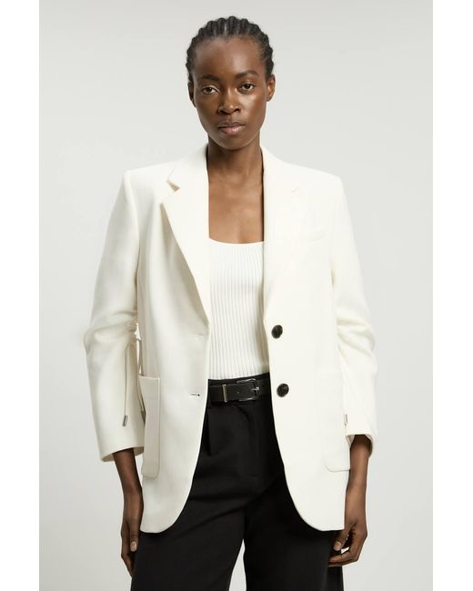 Karen Millen Natural Compact Stretch Ruched Sleeve Detail Single Breasted Blazer