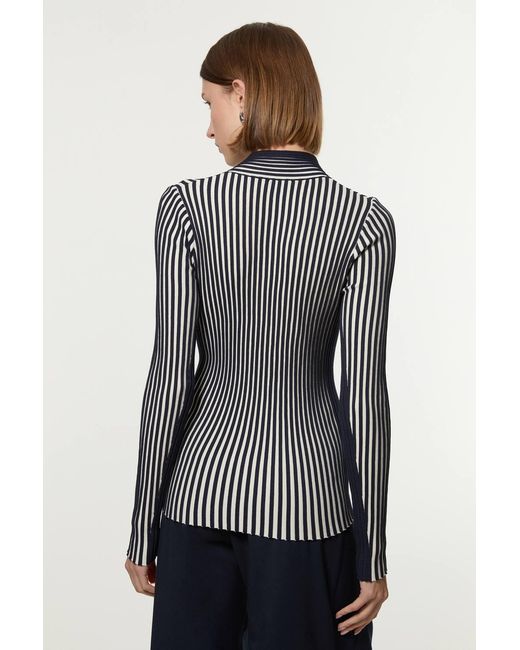 Karen Millen Blue Petite Stripe Fitted Long Sleeve Knitted Top