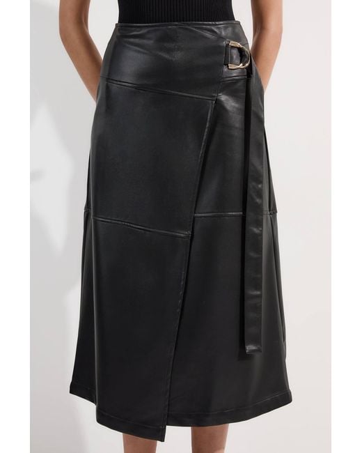 Karen Millen Black Faux Leather Tie Detail Wrap Midi Skirt