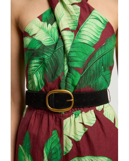 Karen Millen Green Viscose Linen Palm Tree Belted Halterneck Woven Jumpsuit