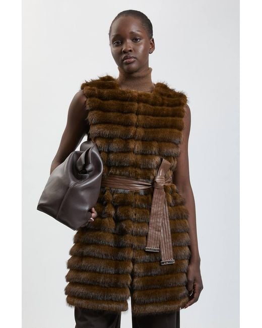 Karen Millen Brown Tipped Faux Fur Panelled Belted Gilet