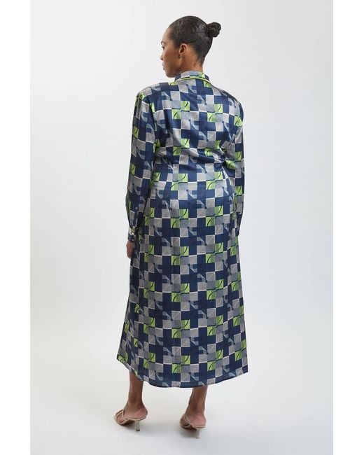 Karen Millen Blue Plus Size Geo Print Hammered Satin Tie Waist Woven Midi Dress