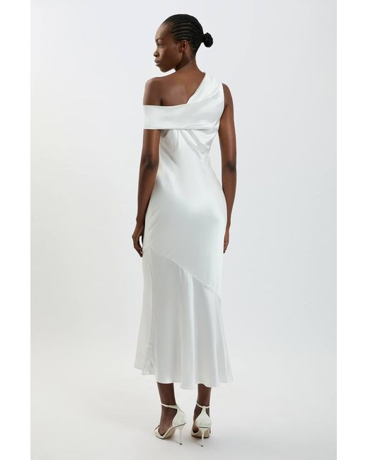 Karen Millen White Viscose Satin Asymmetric Shoulder Maxi Dress