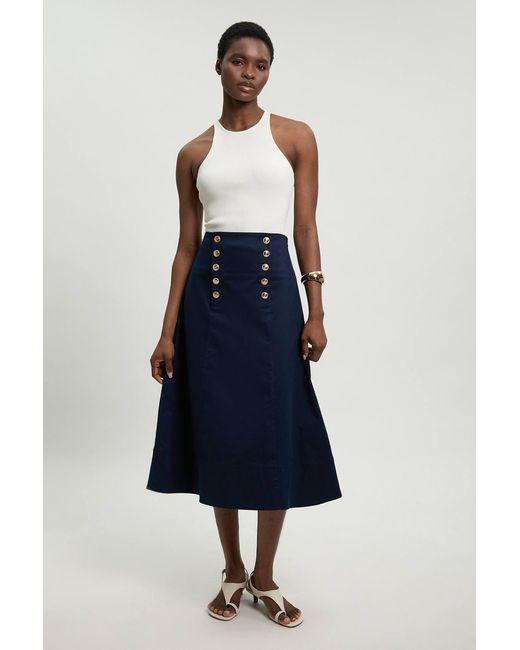Karen Millen Blue Cotton Tailored Button Detail Midi Skirt