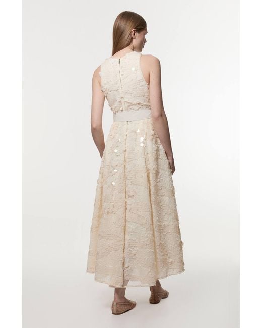 Karen Millen Natural Textured Sequin Floral Belted Woven Tie Maxi Prom Dress