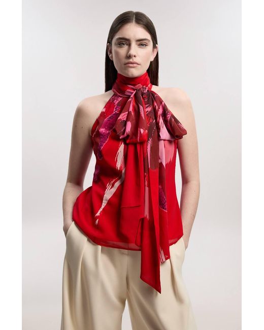 Karen Millen Red Photographic Floral Crinkle Georgette Sleeveless Tie Neck Woven Top