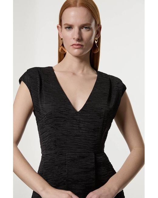 Karen Millen Black Crinkle Satin Pleated Sleeveless Full Skirt Tailored Midi Dress