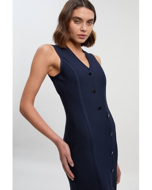 Karen Millen Blue Figure Form Bandage Button Through Pencil Midi Dress