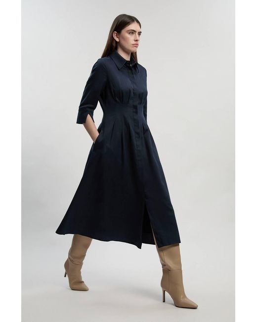 Karen Millen Blue Tailored Linen Darted Waist Midi Dress