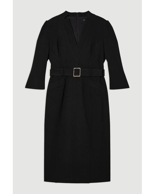 Karen Millen Black Plus Size Structured Crepe Belted Forever Midi Dress