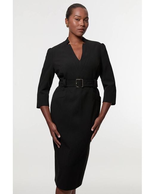 Karen Millen Black Plus Size Structured Crepe Belted Forever Midi Dress