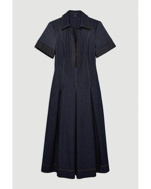 Karen Millen Blue Tailored Denim Full Skirted Midi Shirt Dress