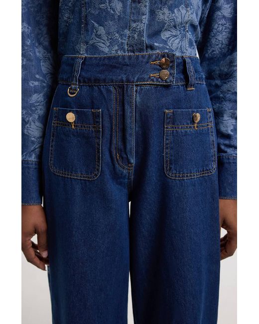 Karen Millen Blue Denim & Jacquard Contrast Wide Leg Jeans