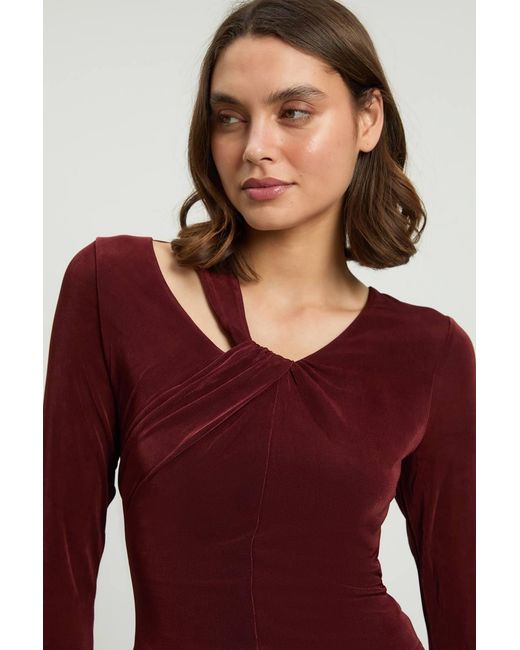 Karen Millen Red Slinky Crepe Twist Detail Long Sleeve Top