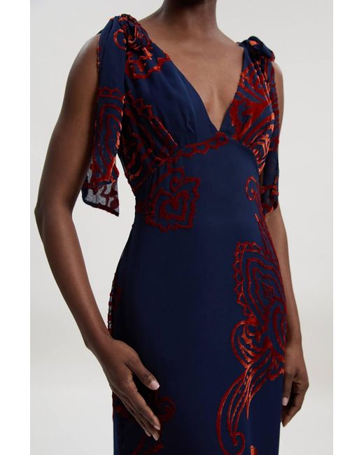 Karen Millen Blue Paisley Devore Plunge Woven Midi Dress