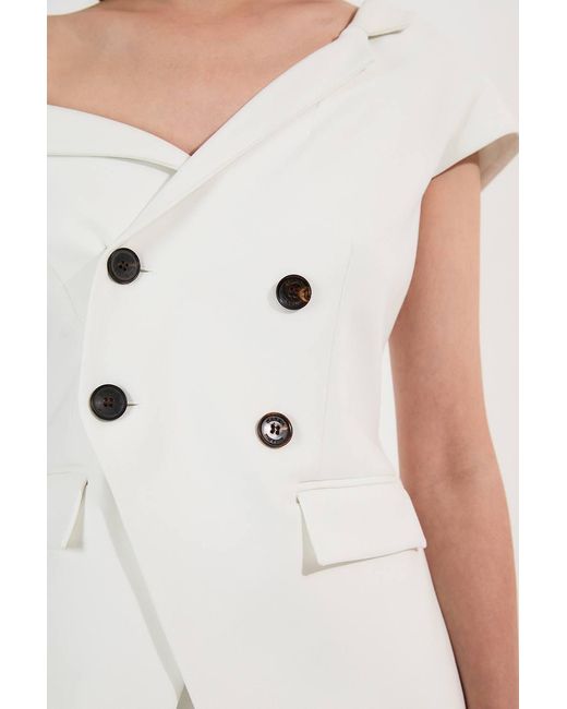 Karen Millen White Compact Stretch Asymmetric Collar Wide Leg Tailored Jumpsuit