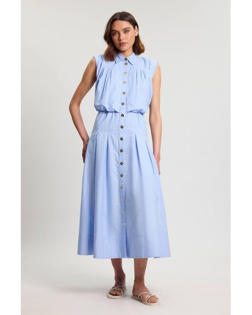 Karen Millen Blue Cotton Poplin Button Up Midi Dress