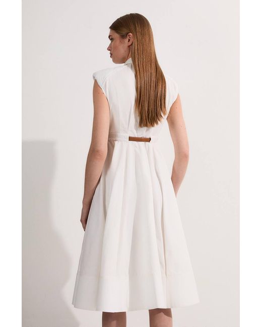 Karen Millen Natural Tailored Cotton Belted Collared Full Midi Dress